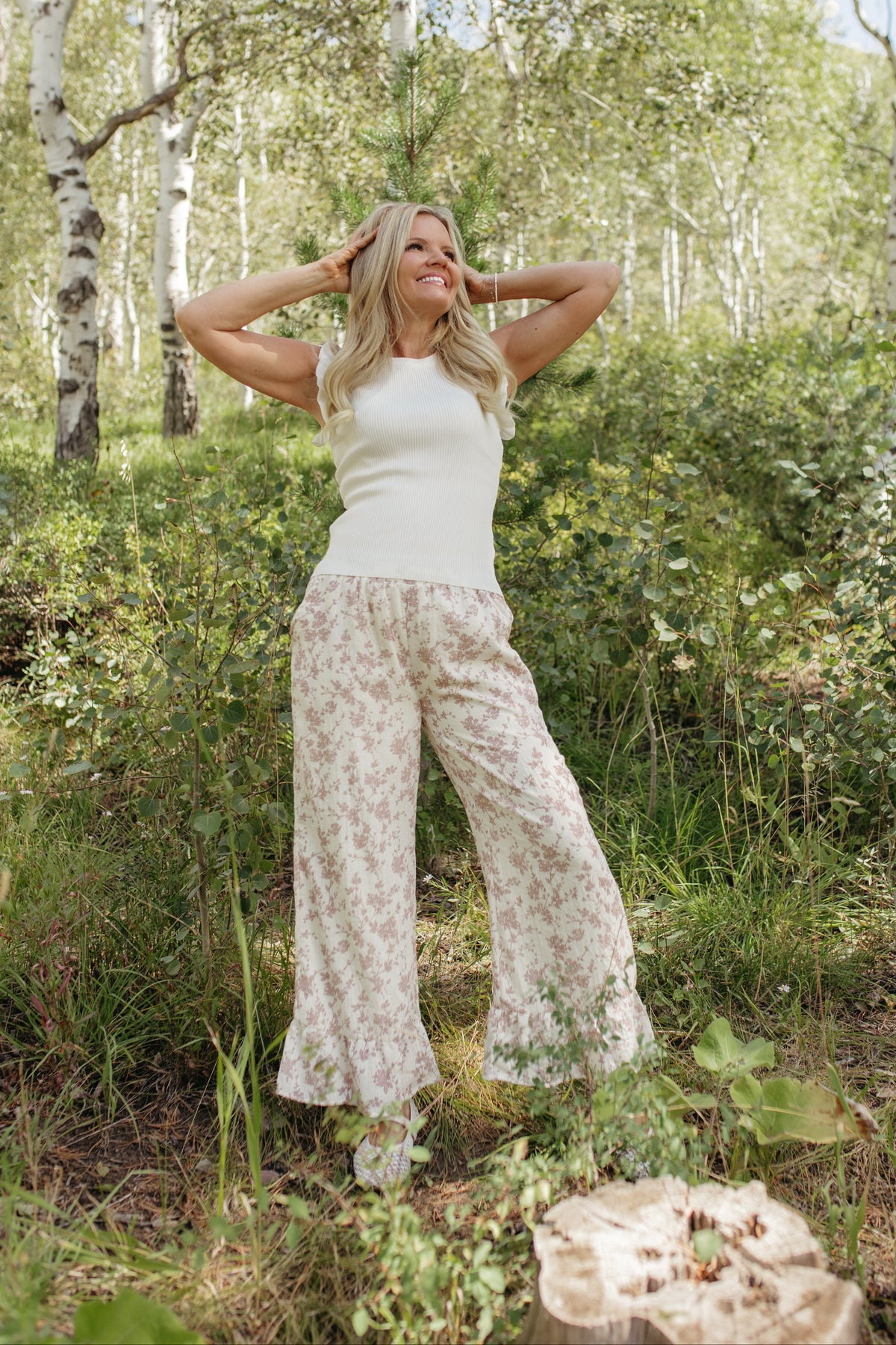 THE NAOMI FLORAL WIDE LEG PANTS IN IVORY