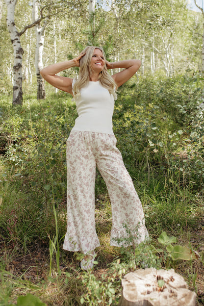 THE NAOMI FLORAL WIDE LEG PANTS IN IVORY