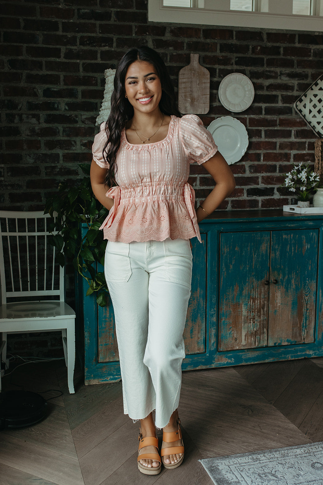 THE MARGOT STRIPED FLORAL PEPLUM TOP IN PINK – Pink Desert