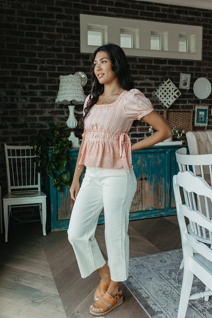 THE MARGOT STRIPED FLORAL PEPLUM TOP IN PINK