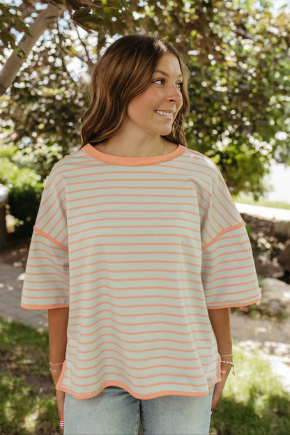 THE ZORA RELAXED STRIPED TEE IN CORAL/BLUE