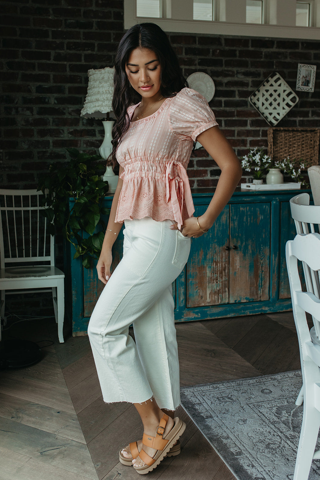 THE MARGOT STRIPED FLORAL PEPLUM TOP IN PINK