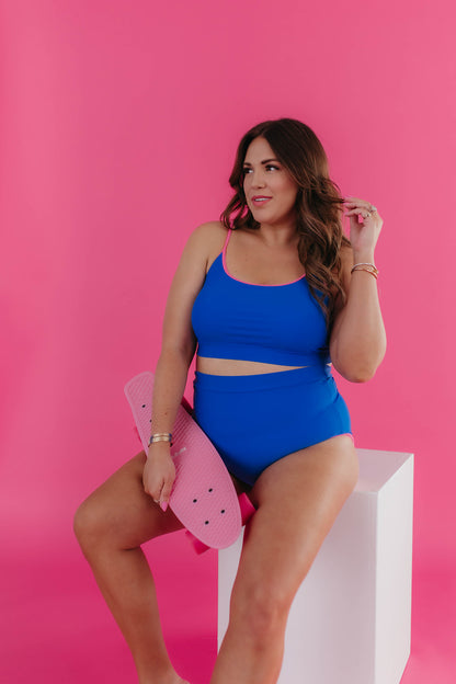 MALIBU TWO PIECE IN ROYAL BLUE AND ELECTRIC PINK TRIM BY PINK DESERT
