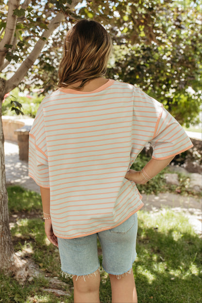 THE ZORA RELAXED STRIPED TEE IN CORAL/BLUE