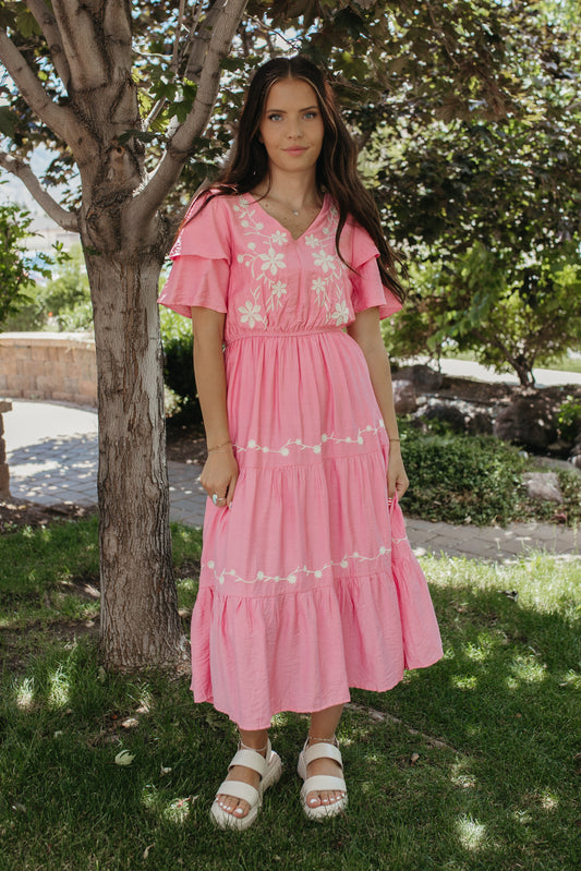 THE MILLER TIERED EMBROIDERED RUFFLE DRESS IN PINK