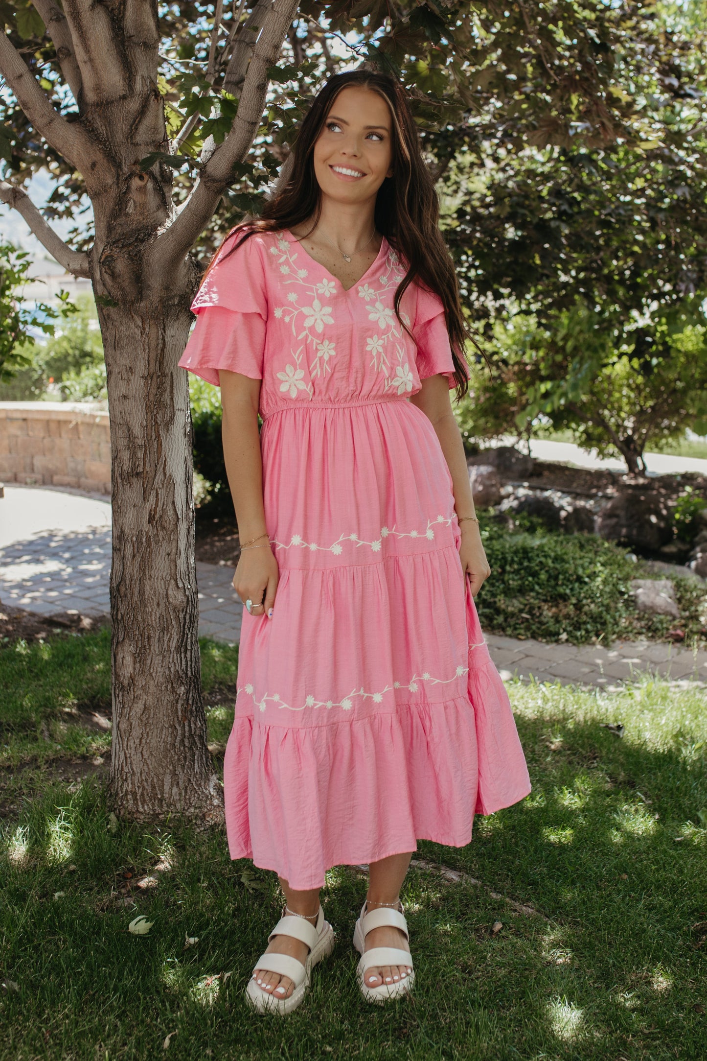 THE MILLER TIERED EMBROIDERED RUFFLE DRESS IN PINK