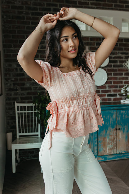 THE MARGOT STRIPED FLORAL PEPLUM TOP IN PINK