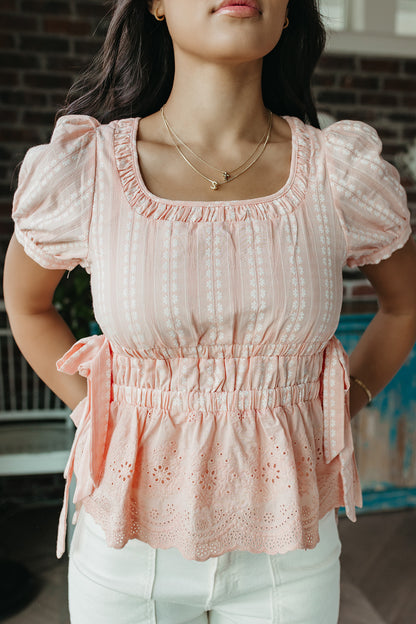 THE MARGOT STRIPED FLORAL PEPLUM TOP IN PINK