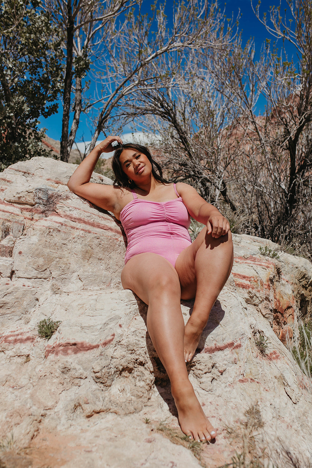 SUNSET PINK SHIMMER RUCHED ONE PIECE BY SARAH TRIPP X PINK DESERT