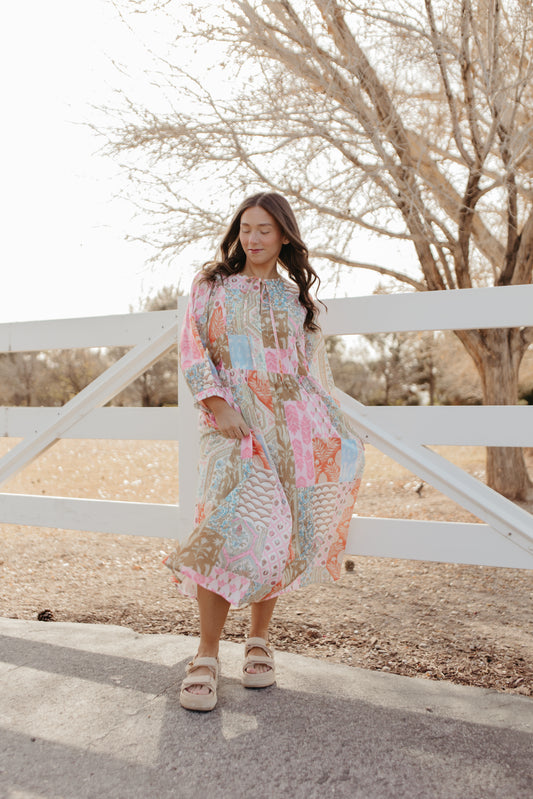 THE SALENA MULTI PRINT MAXI DRESS IN PINK