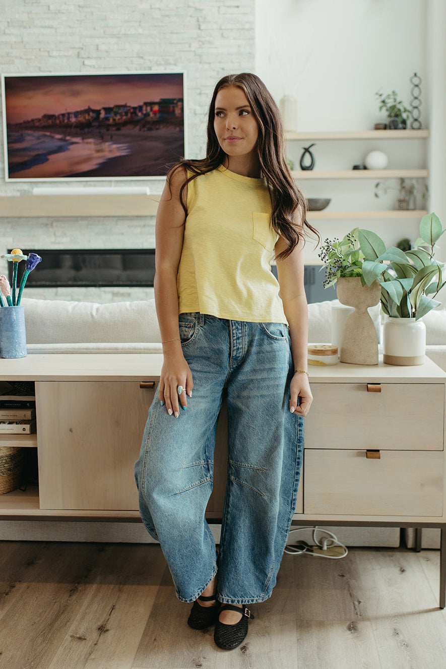 THE KHYLEE  SLEEVELESS COTTON TOP IN PALE YELLOW