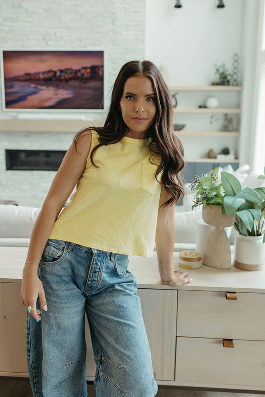 THE KHYLEE  SLEEVELESS COTTON TOP IN PALE YELLOW