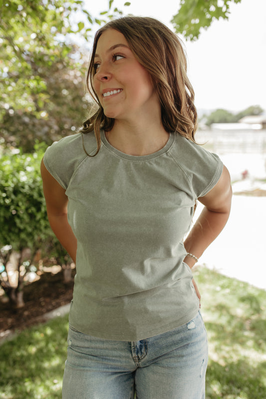 THE CADENCE CAP SLEEVE TOP IN SAGE GREEN