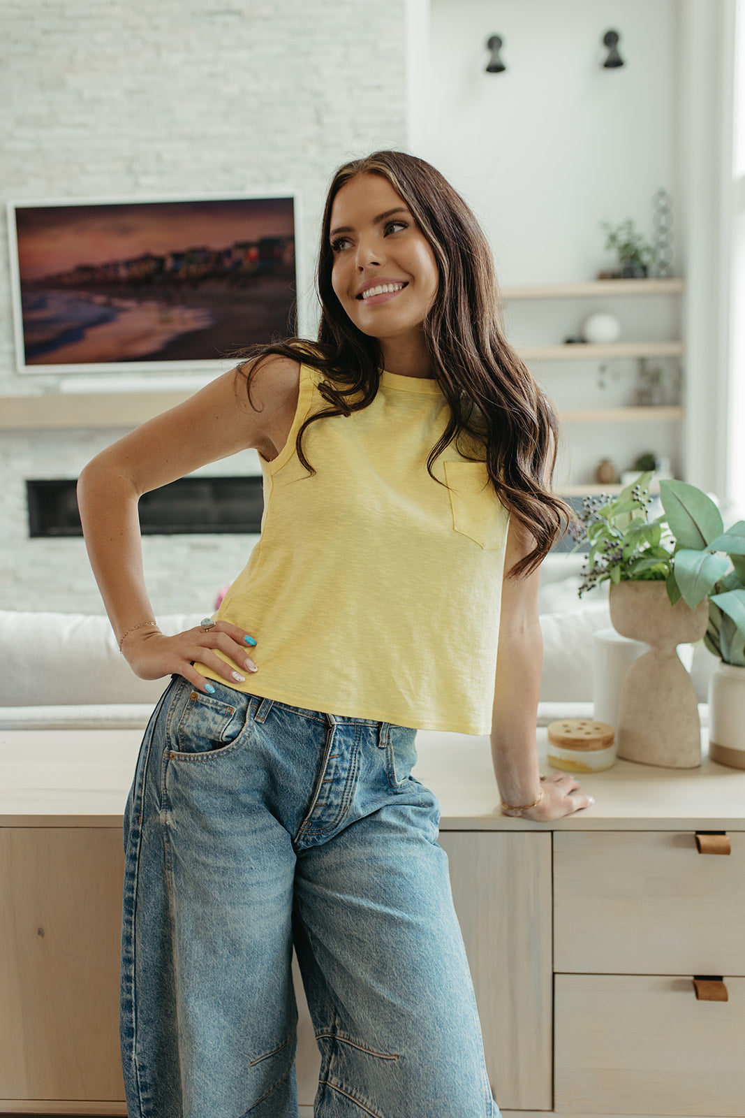 THE KHYLEE  SLEEVELESS COTTON TOP IN PALE YELLOW