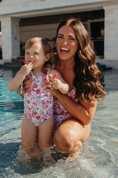 GIRLS TIE STRAP ONE PIECE IN CORAL BLOSSOM BY PINK DESERT X SARAH TRIPP