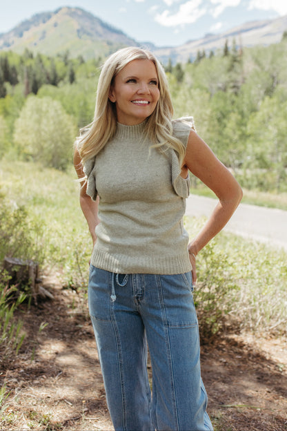 THE DAKOTA MOCK NECK RUFFLE VEST IN LIGHT OLIVE