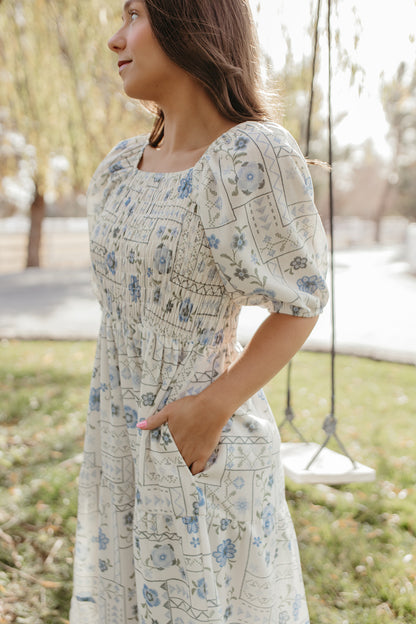THE LUNA FLORAL SMOCKED DRESS IN BLUE