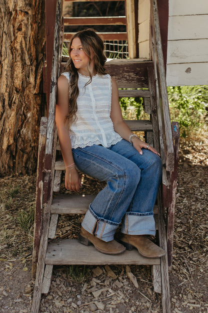 THE VIENNA FLOWER LACE TRIM TANK IN WHITE