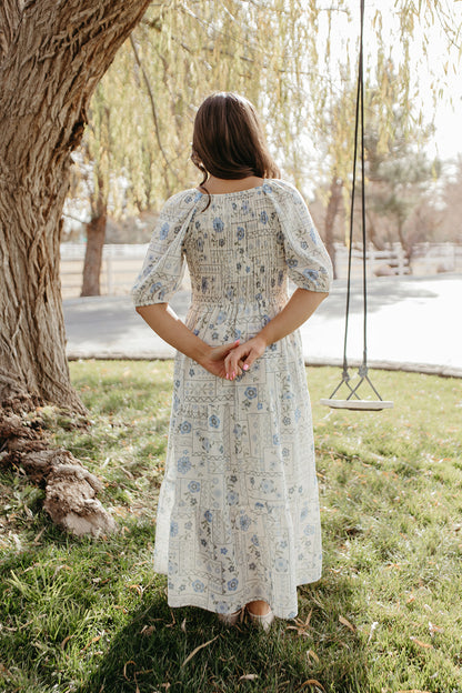 THE LUNA FLORAL SMOCKED DRESS IN BLUE