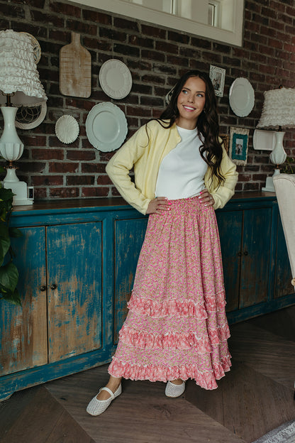 THE DAHLIA FLORAL RUFFLE MAXI SKIRT IN PINK