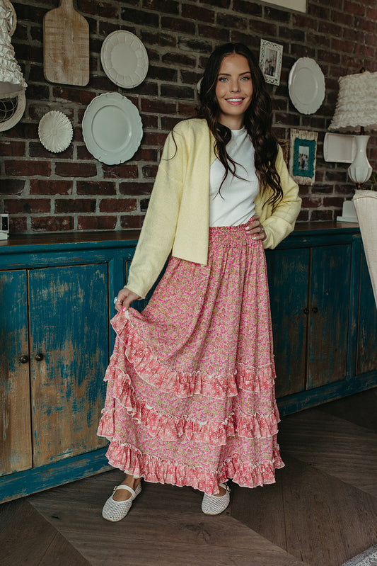 THE DAHLIA FLORAL RUFFLE MAXI SKIRT IN PINK