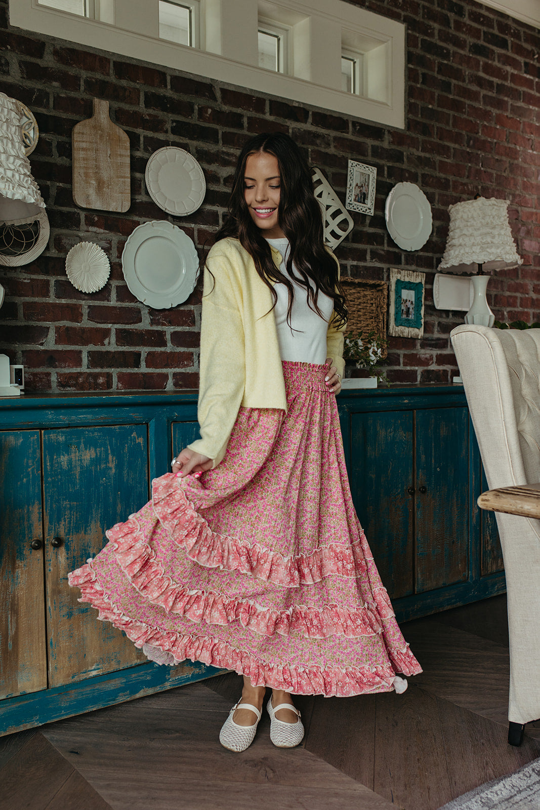 THE DAHLIA FLORAL RUFFLE MAXI SKIRT IN PINK