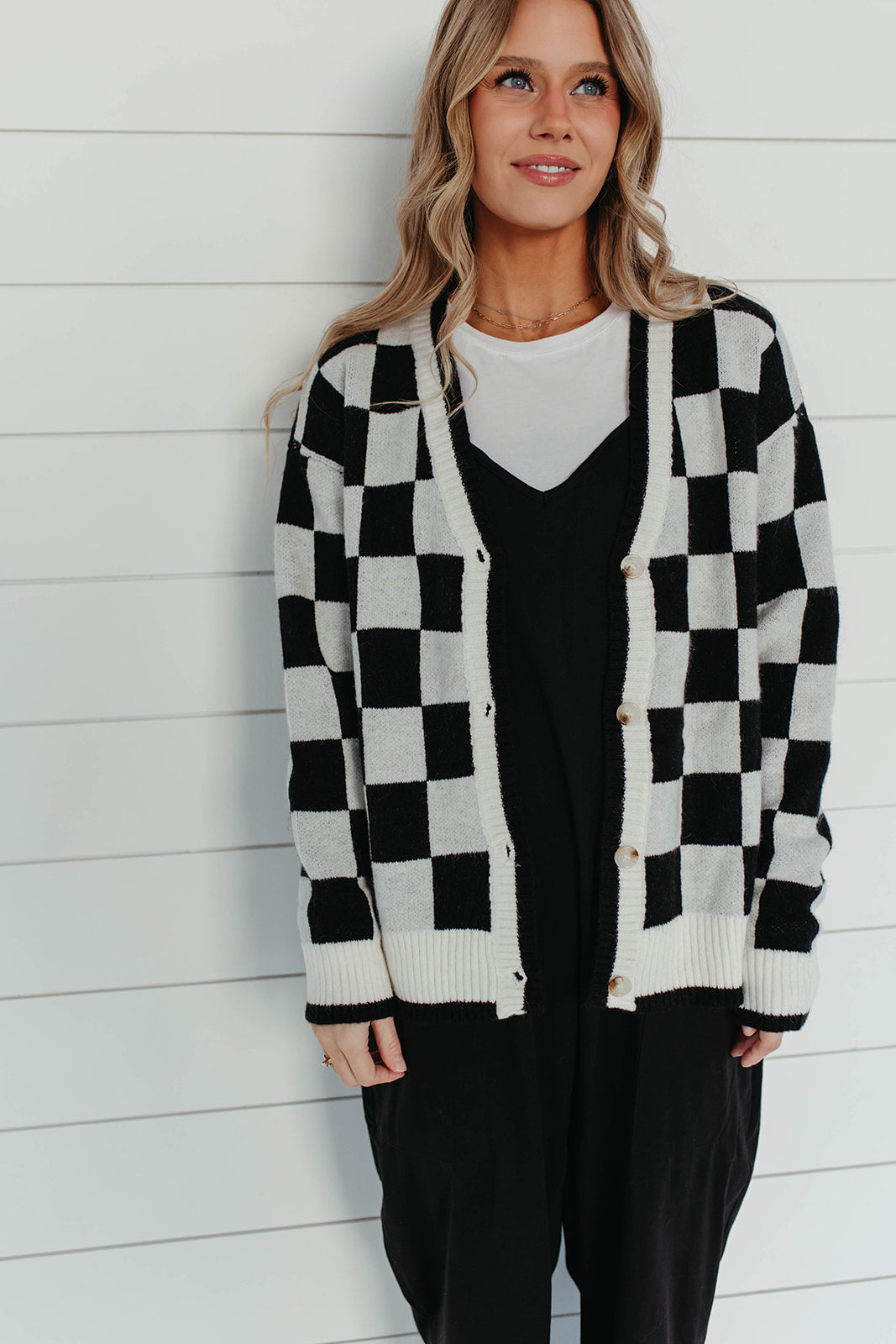 THE CHELSEE CHECKERED BUTTON FRONT CARDIGAN