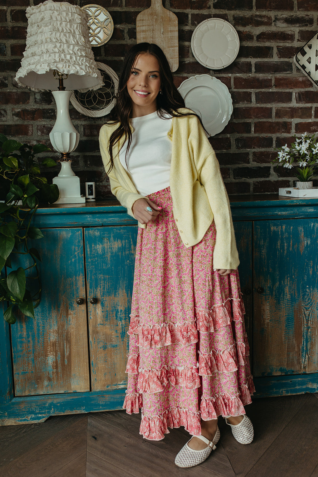 dahlia midi dress spell THE DAHLIA FLORAL RUFFLE MAXI SKIRT IN PINK Small