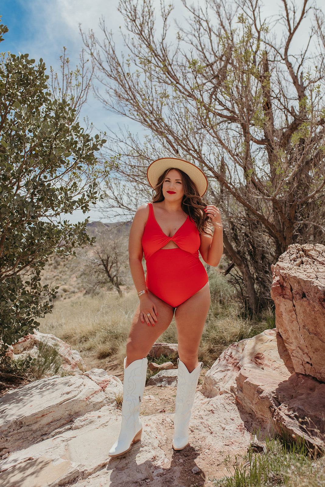 RED HOT KNOTTED FRONT ONE PIECE BY SARAH TRIPP X PINK DESERT