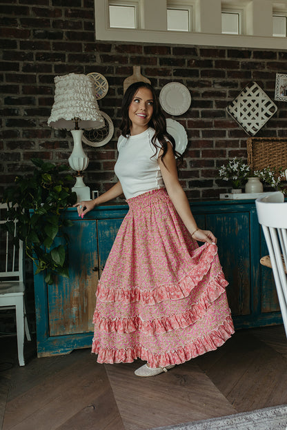 THE DAHLIA FLORAL RUFFLE MAXI SKIRT IN PINK