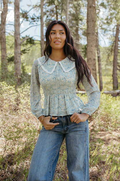 THE BILLIE FLORAL LACE BLOUSE IN BLUE