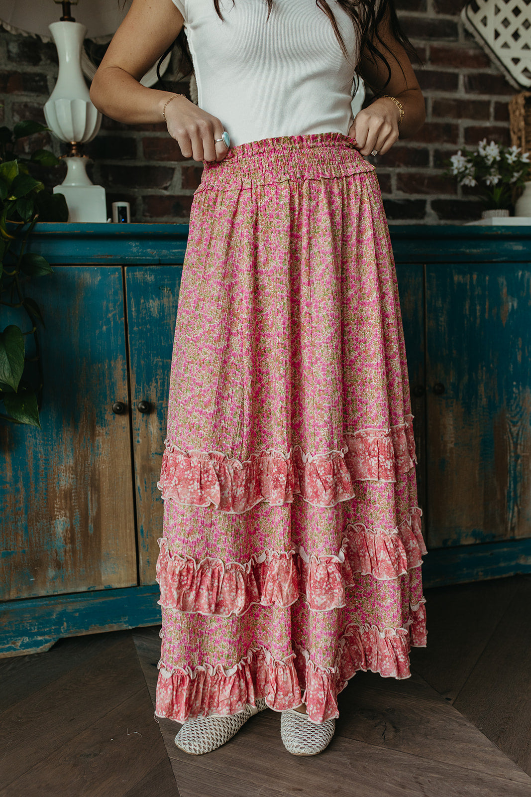 dahlia midi dress spell THE DAHLIA FLORAL RUFFLE MAXI SKIRT IN PINK Small