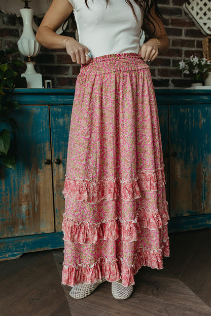 THE DAHLIA FLORAL RUFFLE MAXI SKIRT IN PINK