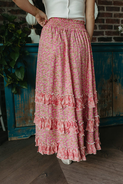 THE DAHLIA FLORAL RUFFLE MAXI SKIRT IN PINK