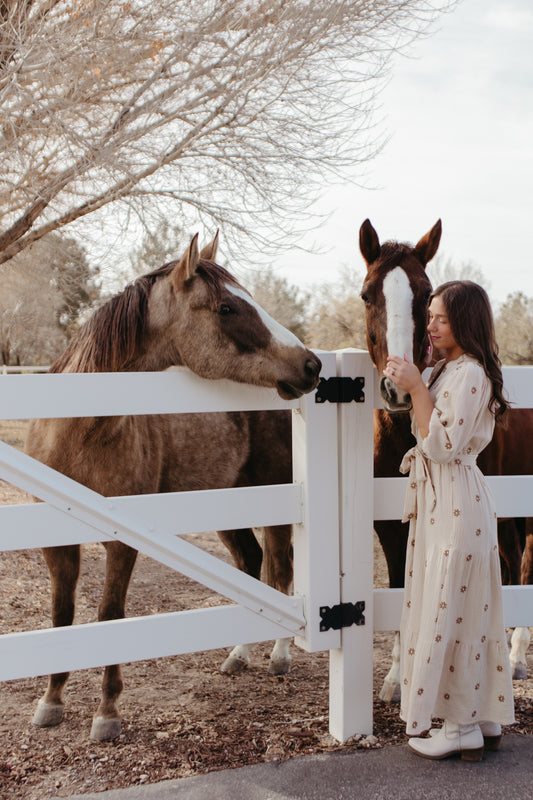 THE MONICA EMBROIDERED FLOWER DRESS IN TAUPE