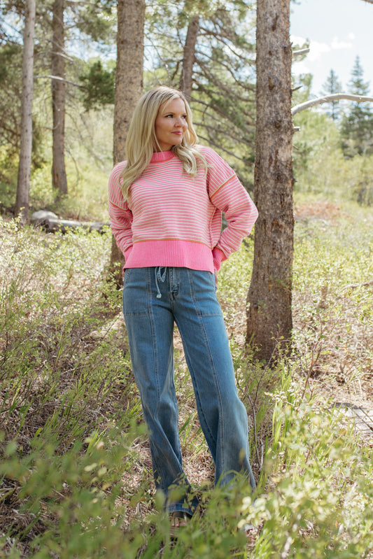 THE JENNIFER STRIPE KNIT SWEATER IN PINK