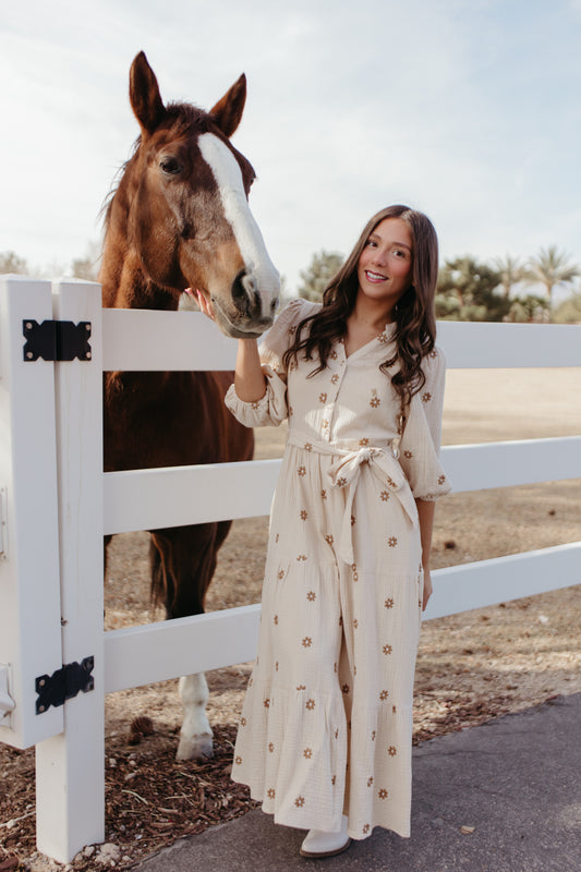 THE MONICA EMBROIDERED FLOWER DRESS IN TAUPE