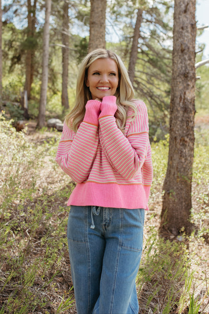 THE JENNIFER STRIPE KNIT SWEATER IN PINK