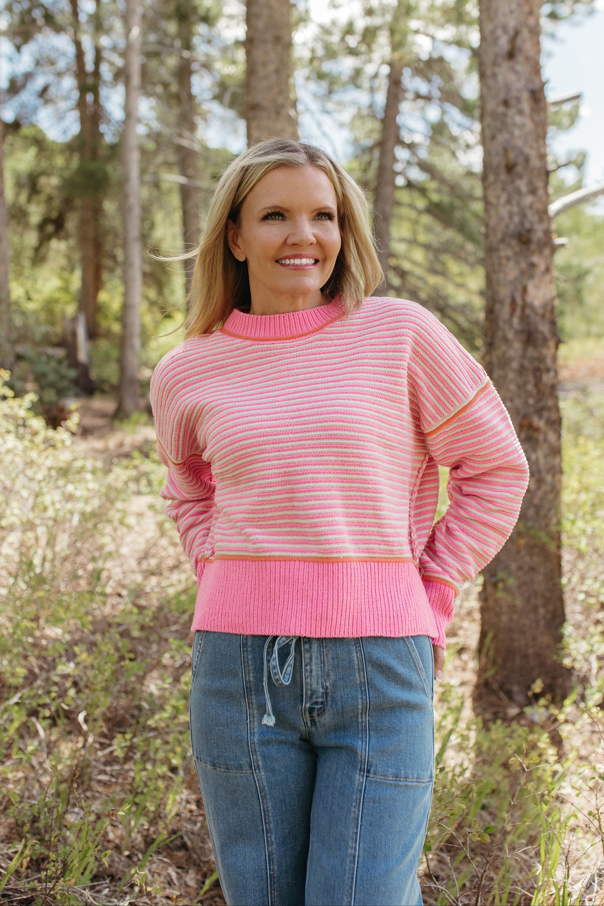 THE JENNIFER STRIPE KNIT SWEATER IN PINK