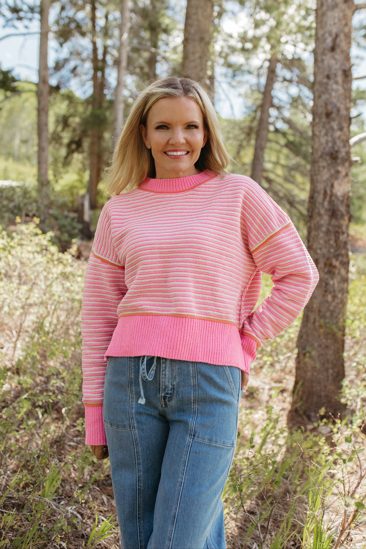 THE JENNIFER STRIPE KNIT SWEATER IN PINK
