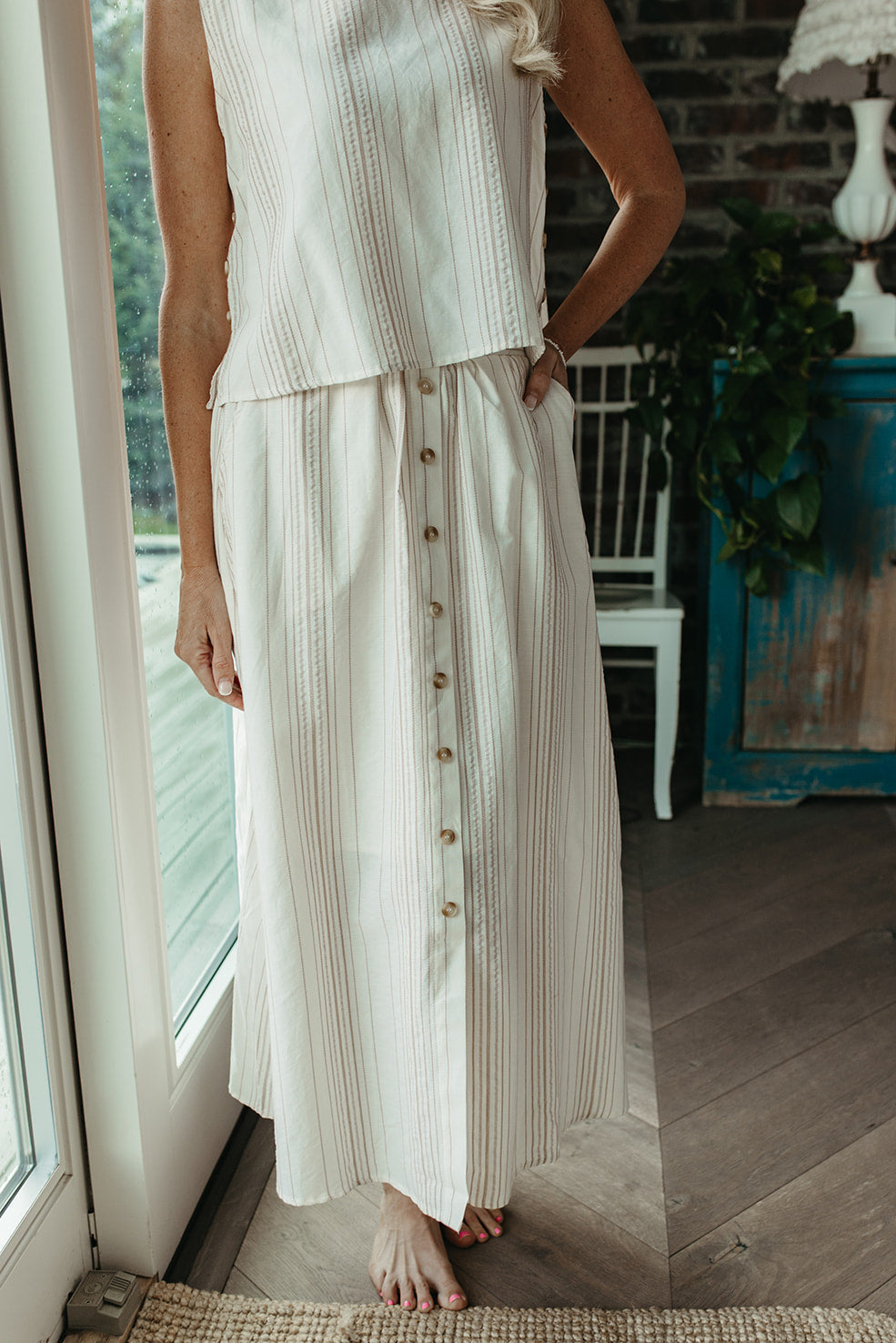 THE ZARA PIN STRIPED BUTTON SKIRT