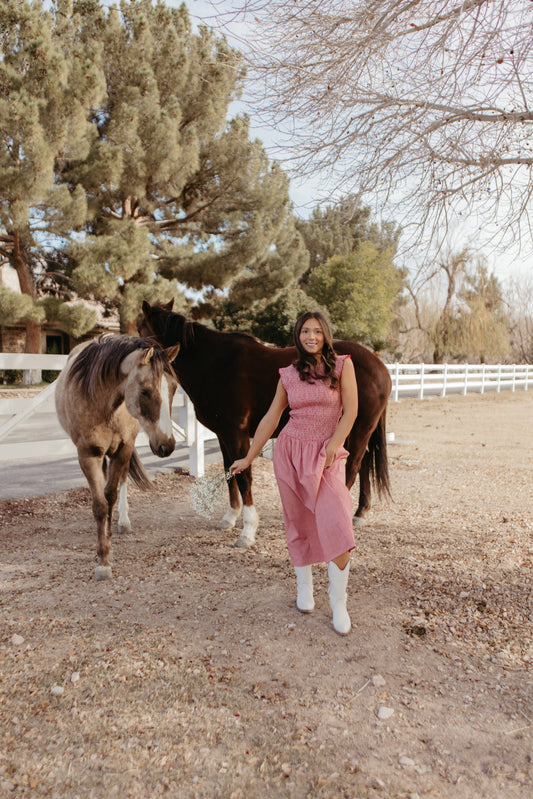 THE BLAIRE SMOCKED GINGHAM MIDI DRESS IN RED