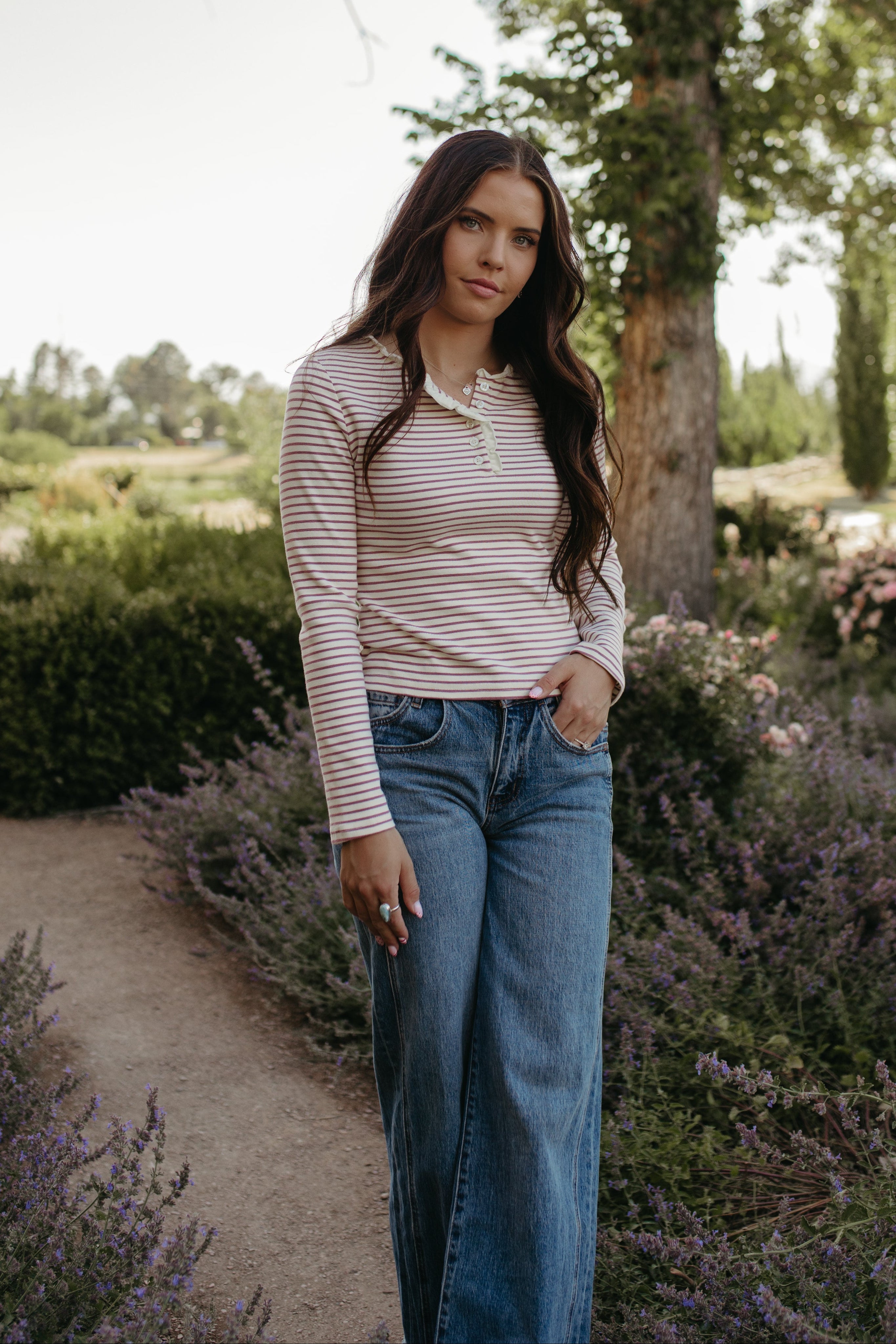 THE JOSEPHINE STRIPE RUFFLE TRIM TOP – Pink Desert