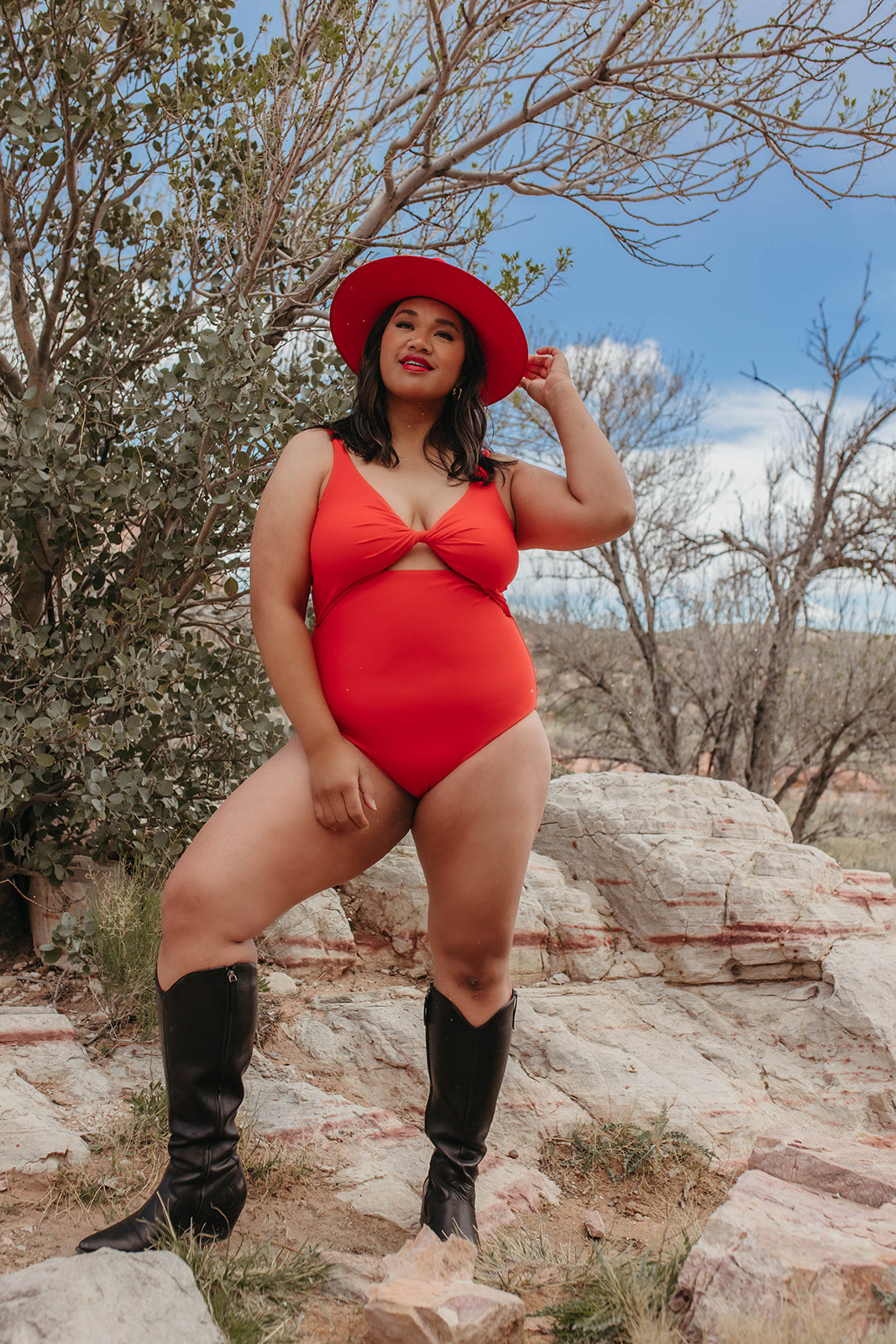 RED HOT KNOTTED FRONT ONE PIECE BY SARAH TRIPP X PINK DESERT