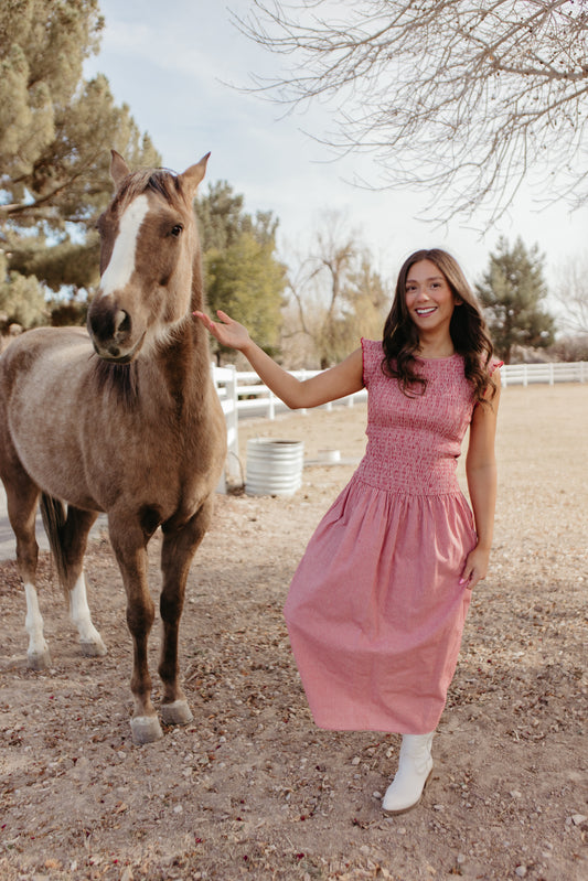 THE BLAIRE SMOCKED GINGHAM MIDI DRESS IN RED