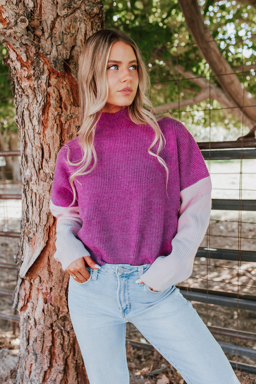 THE MARTY COLOR BLOCK SWEATER IN MAGENTA