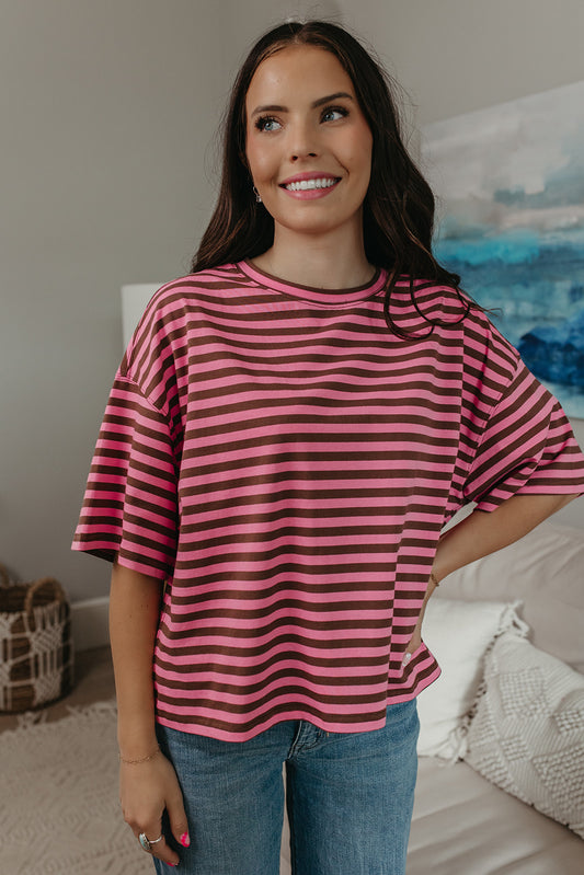 THE EVELYN OVERSIZED STRIPE TEE IN PINK AND BROWN