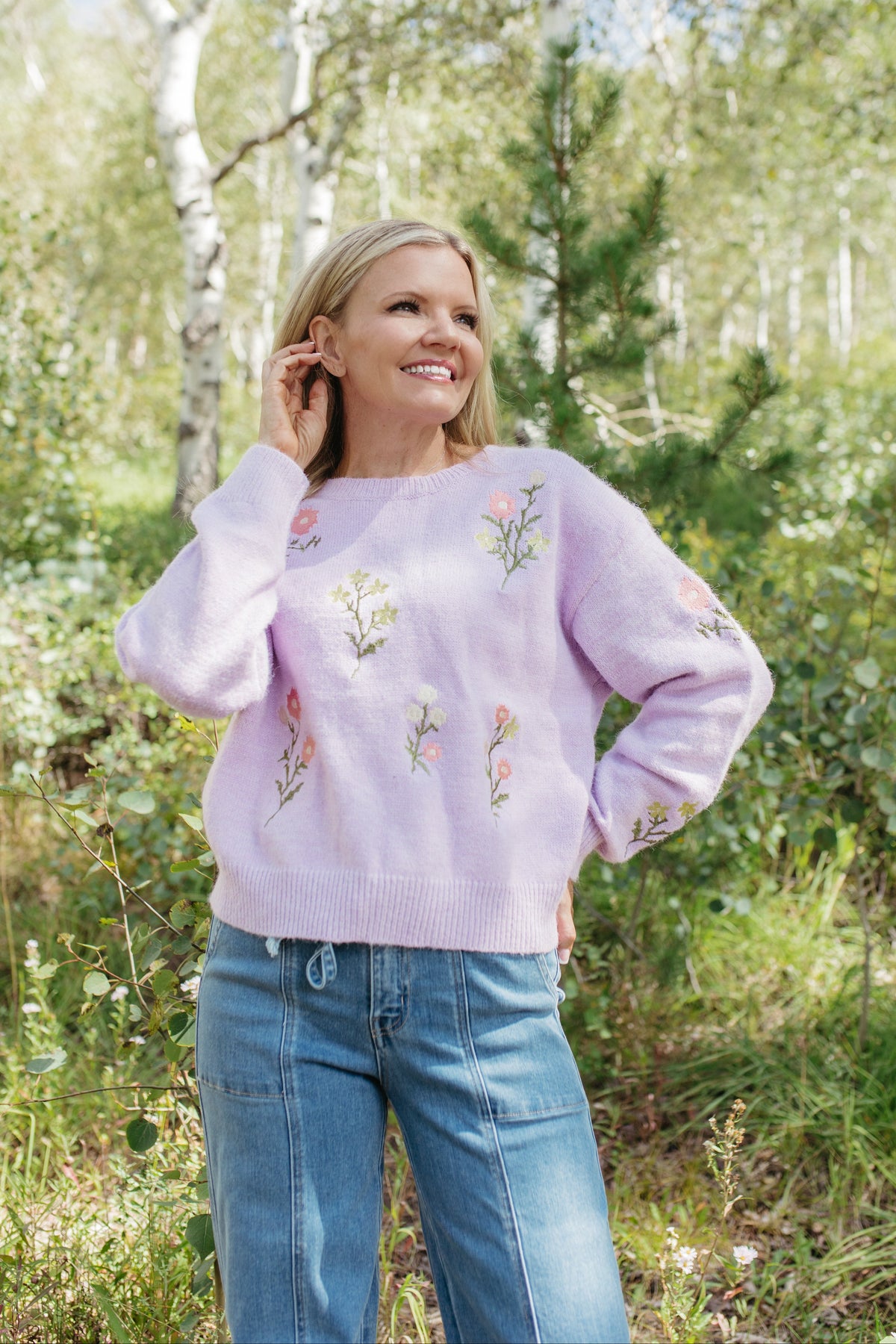 THE STEVIE FLORAL EMBROIDERED SWEATER IN LAVENDER