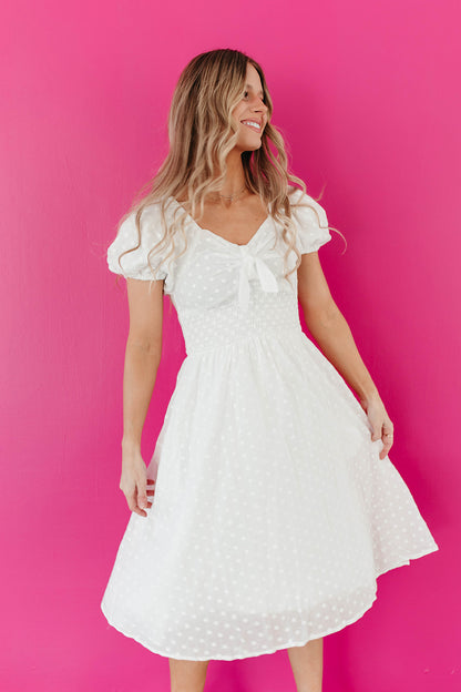 THE BETSY TIE FRONT EMBROIDERED DRESS IN WHITE BY PINK DESERT