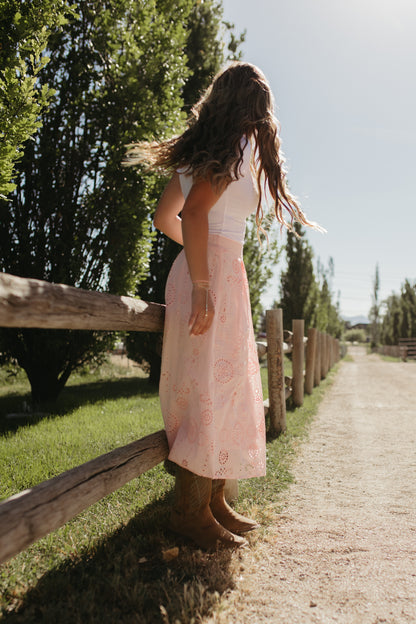 THE SLOANE HIGH-RISE MIDI SKIRT IN SOFT PINK